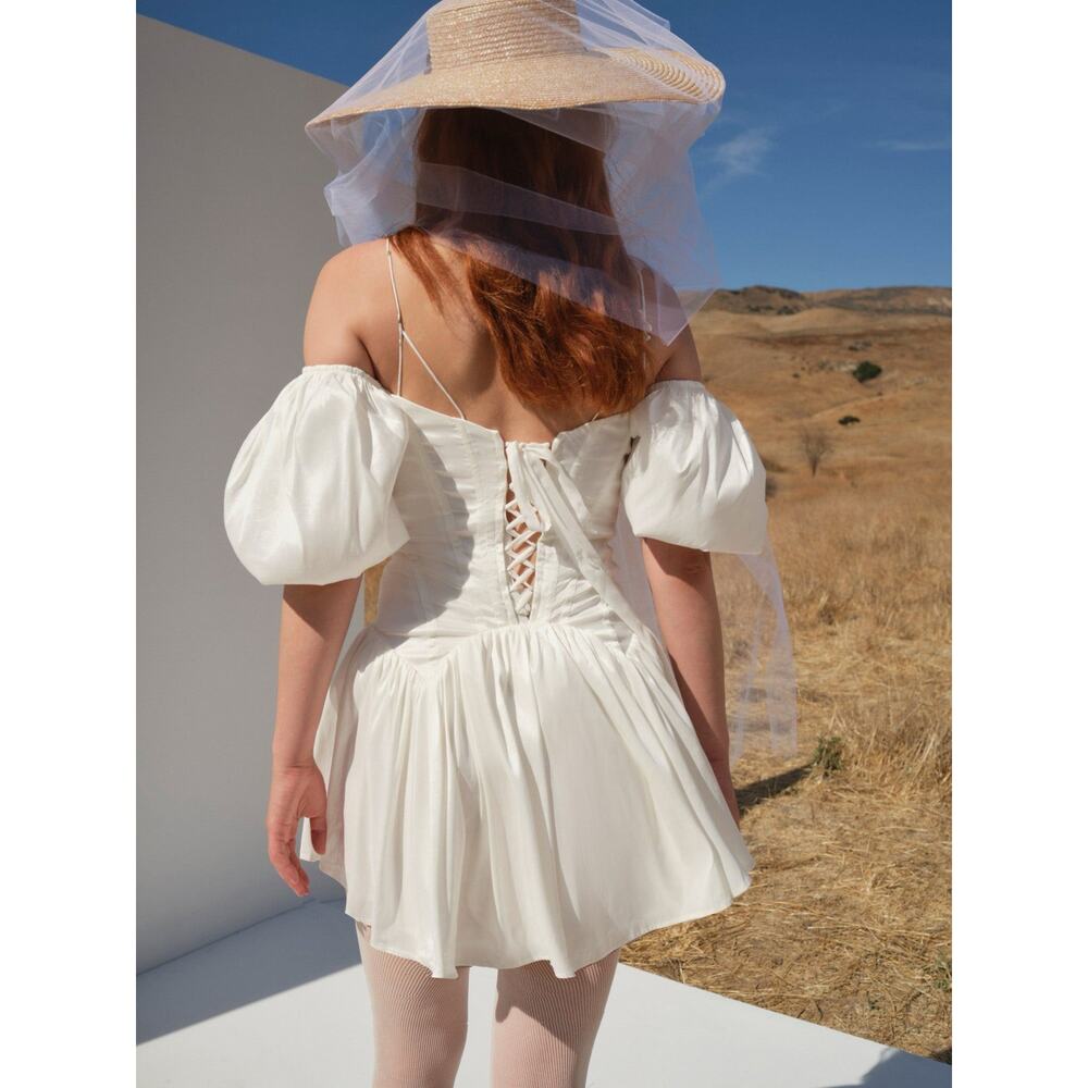 For Love & Lemons Mia Mini Dress White Puff Sleeve Small NWT - Picture 2 of 12